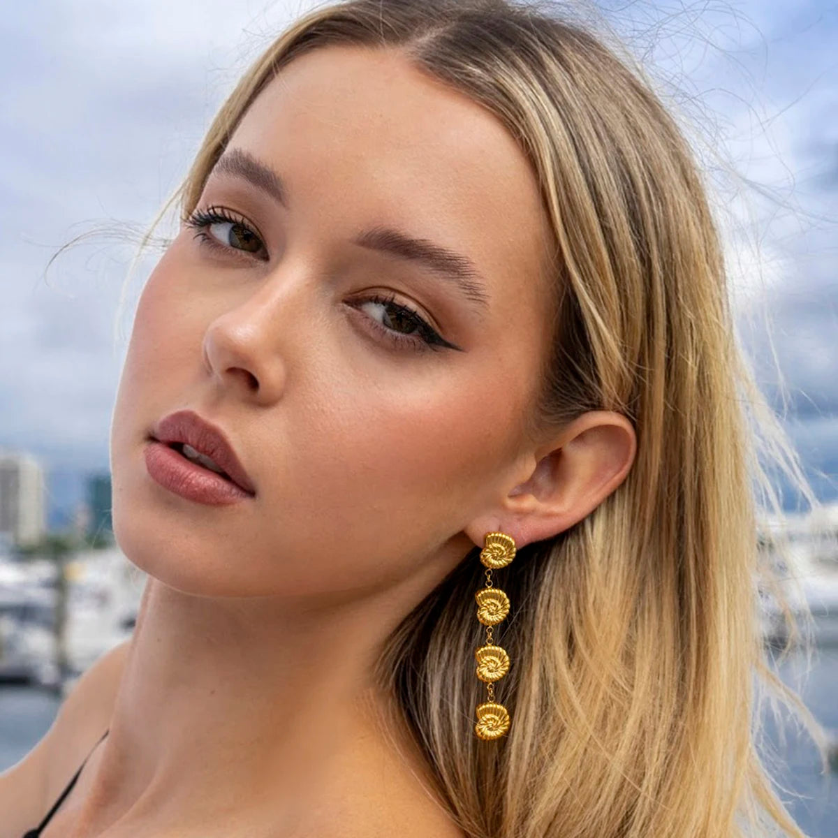 DARYAN Vintage Gold Conch Earrings - Stainless Steel Statement Jewelry