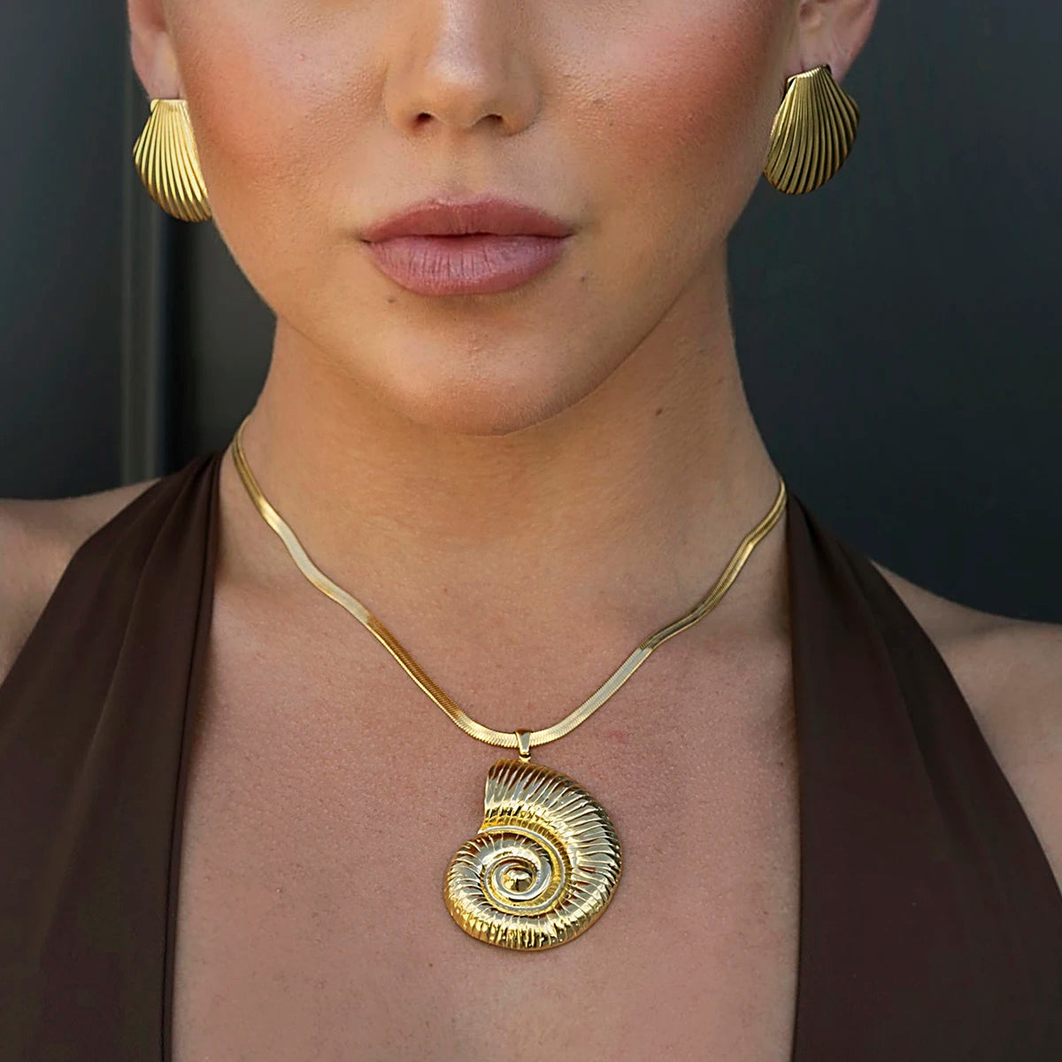DARYAN Vintage Gold Conch Earrings - Stainless Steel Statement Jewelry
